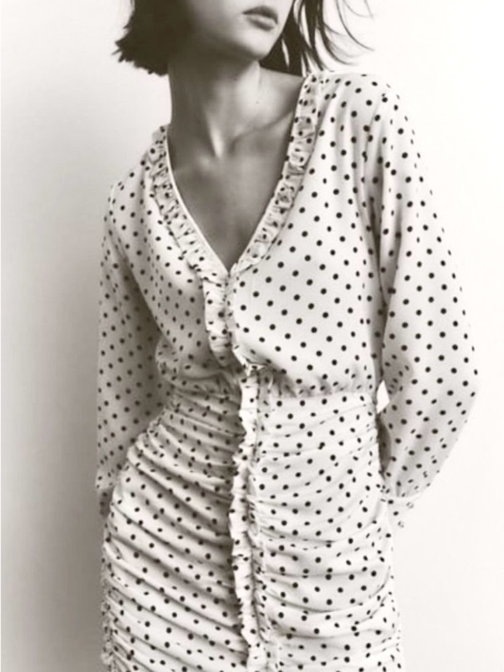 Zara Polka Dot Ruffled V-Neck Dress - White with Black Dots